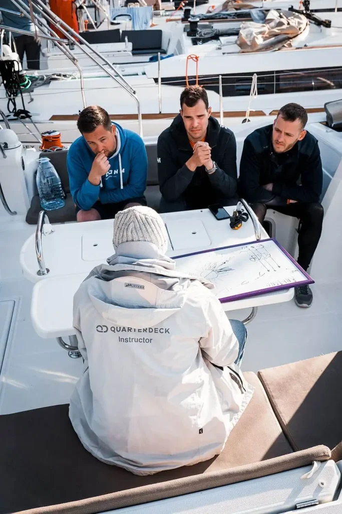 Quarterdeck instructor briefing skipper academy trainees on a sailing yacht